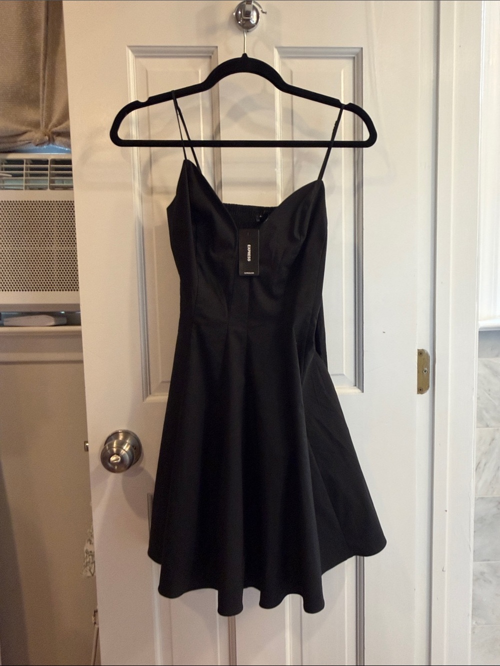 Express Black Mini Fit-and-Flare Dress with Spaghetti Straps